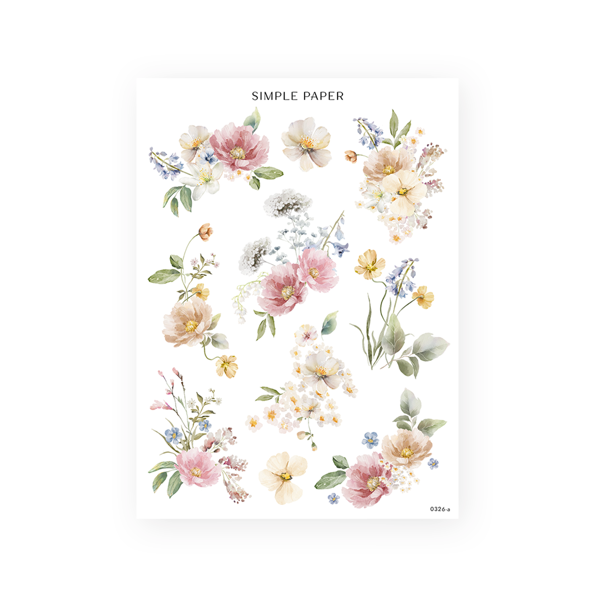 Springbound Sheet A sticker sheet: dusty rose and champagne peonies with bluebells and buttercups