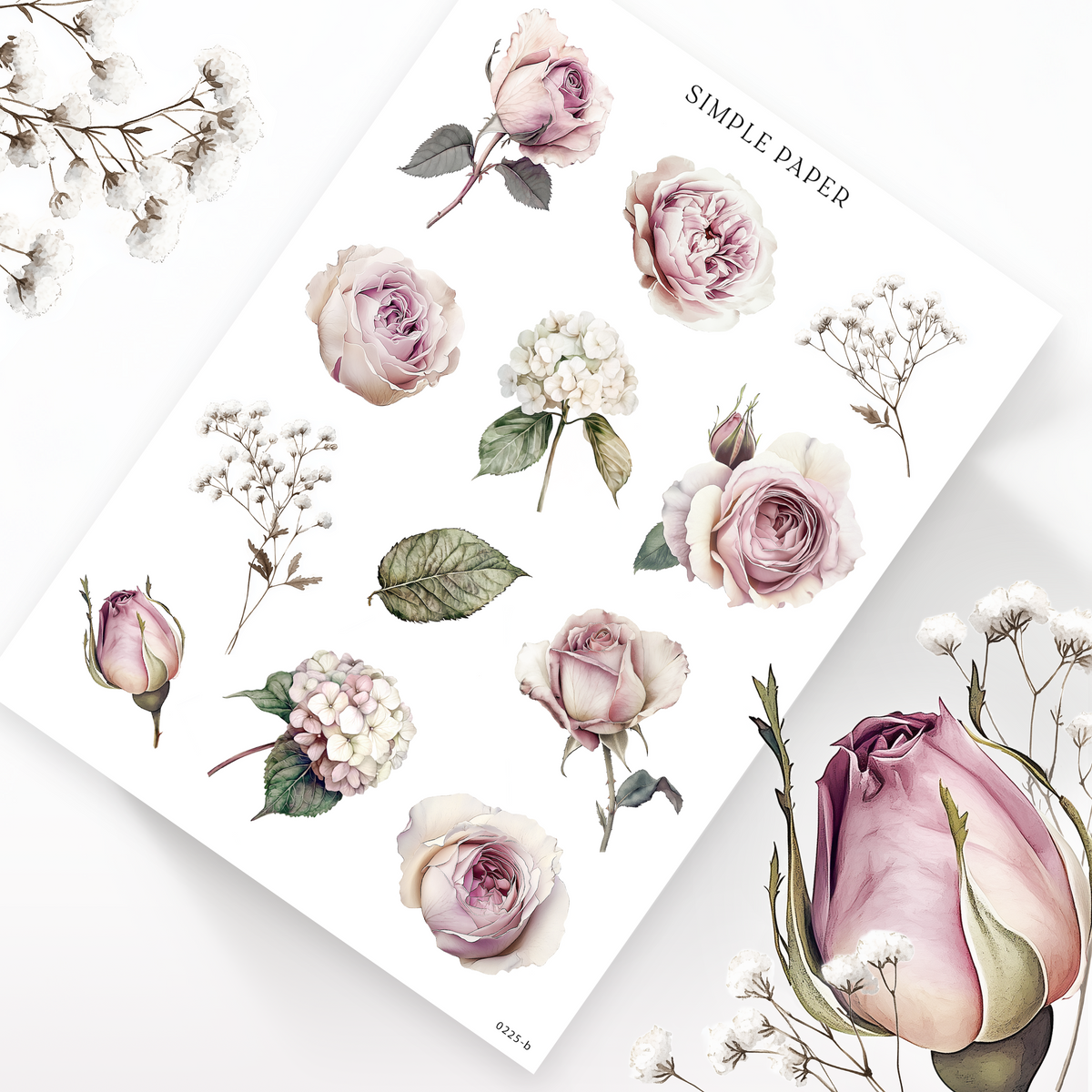 Single rose and bud stickers with hydrangea, baby's breath sprigs and a leaf, Sheet B