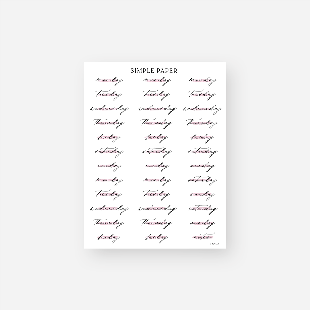 Cursive script days of the week stickers with a notes label, Sheet C
