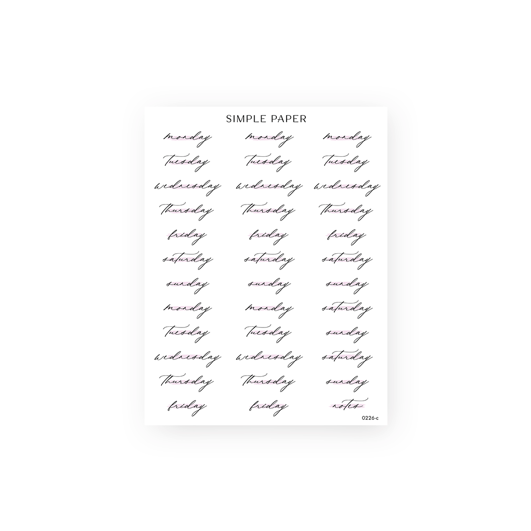 Romanticize Life Sheet C sticker sheet: Monday to Sunday script labels with blush and lavender highlights