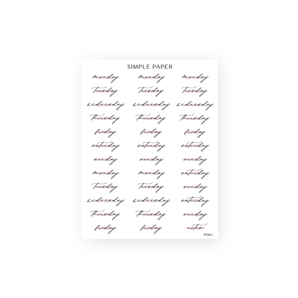 On My Desk Sheet C sticker sheet: Monday to Sunday script labels with pink highlights and a Notes tag