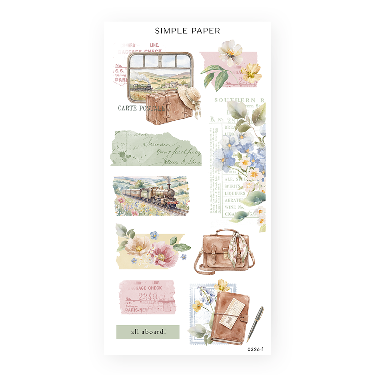 Springbound Sheet F sticker sheet: torn ticket stubs, baggage tags and a steam train in a meadow