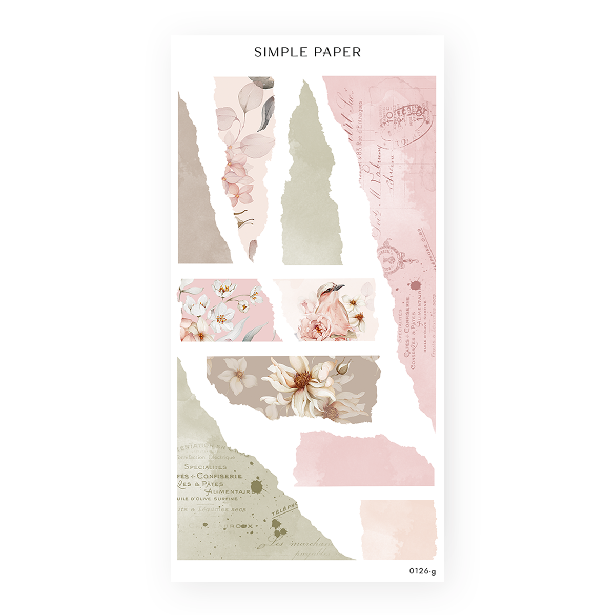 On My Desk Sheet G sticker sheet: torn sage, blush and taupe paper strips and a robin among peonies