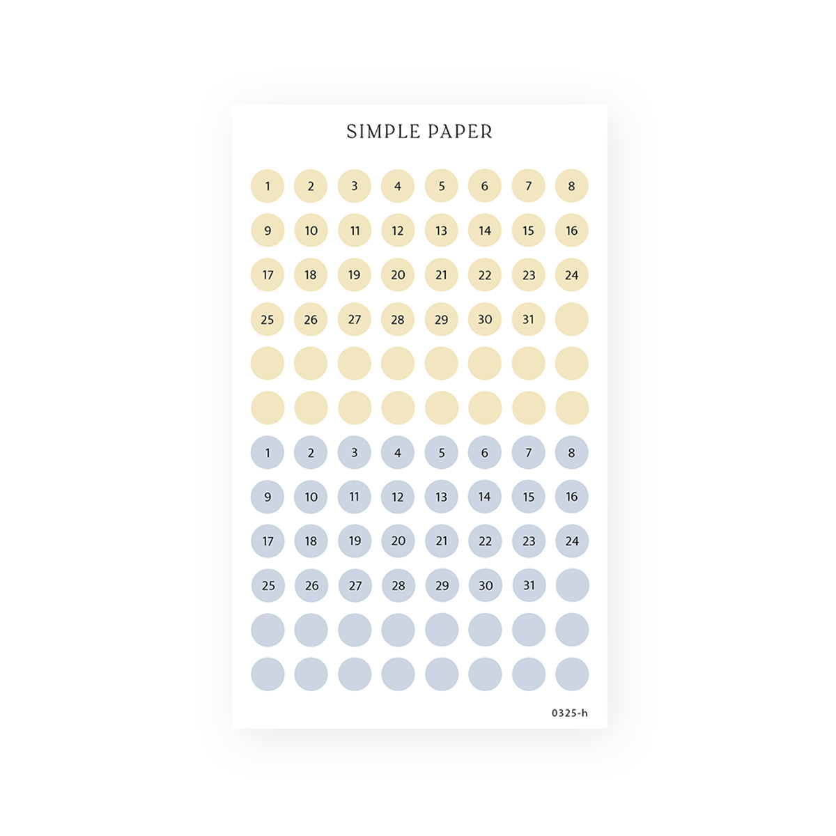 Cream and blue gray date dot stickers numbered 1 to 31 plus blank dots, Sheet H