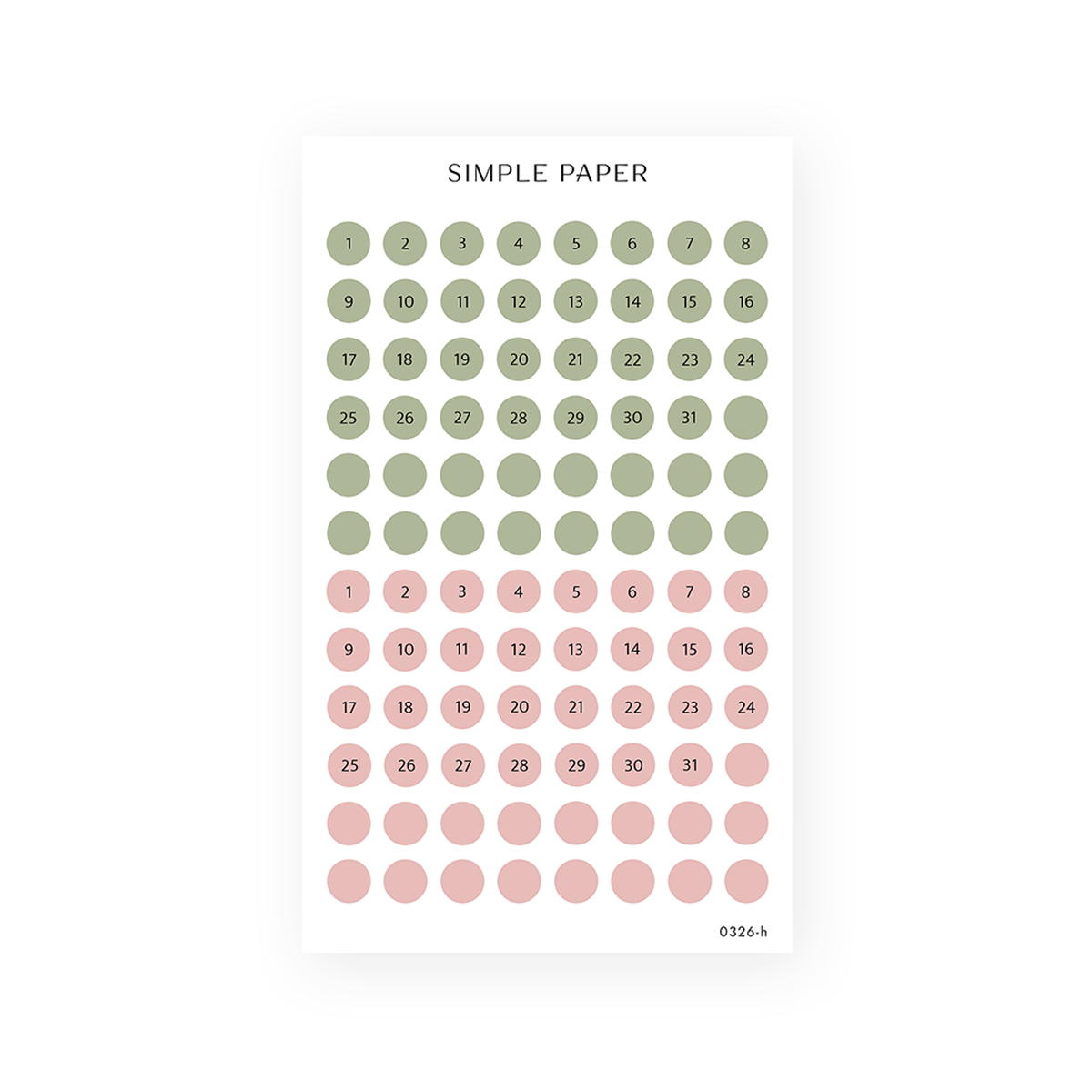 Springbound Sheet H sticker sheet: date dots numbered 1 to 31 in sage green and dusty rose