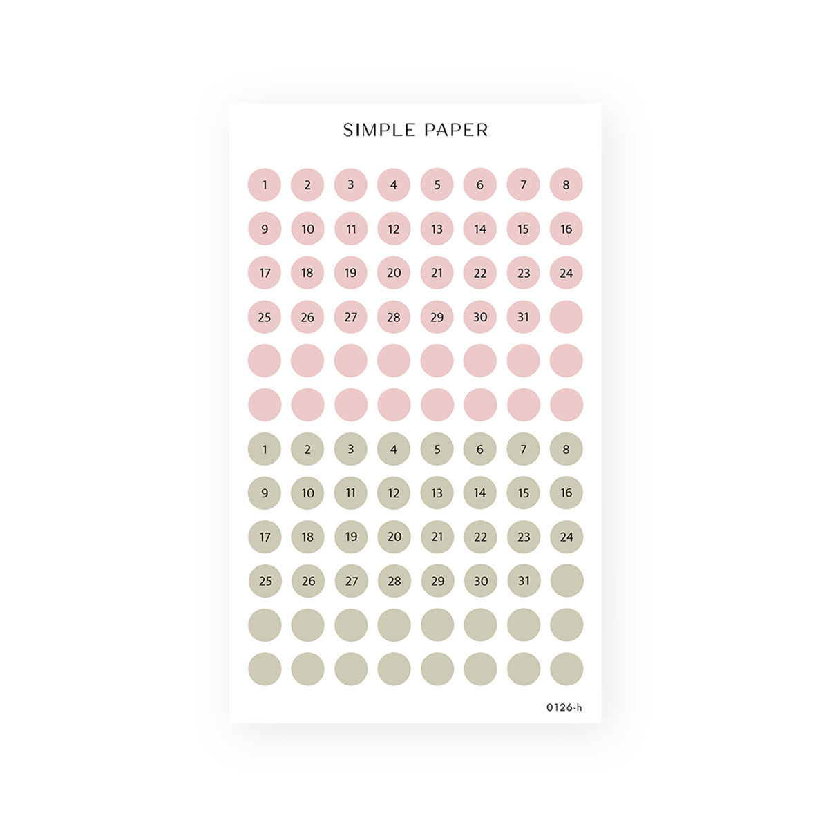 On My Desk Sheet H sticker sheet: date dots numbered 1 to 31 in dusty pink and sage green