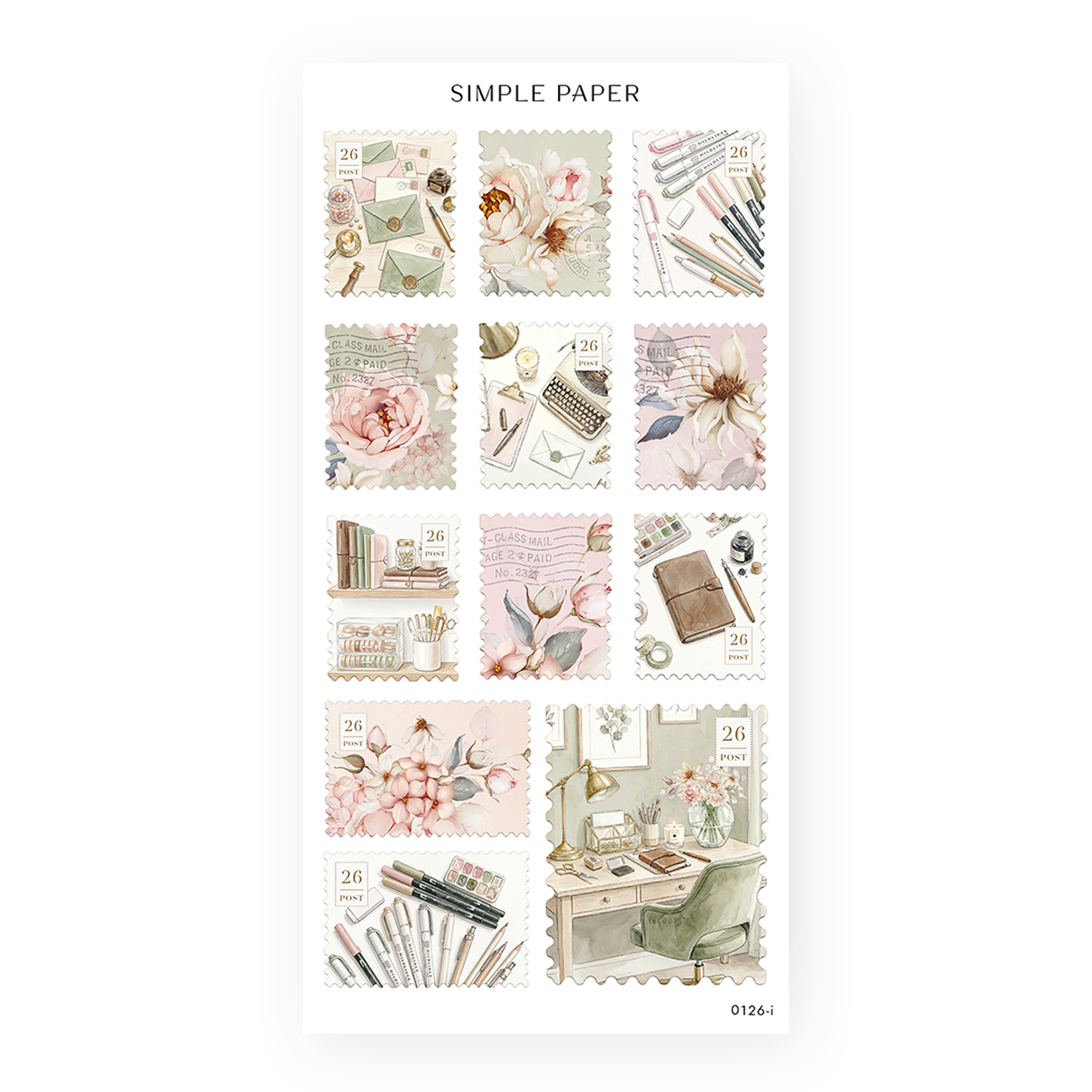 On My Desk Sheet I sticker sheet: postage stamps of desk flat lays, a bookshelf and postmarked florals