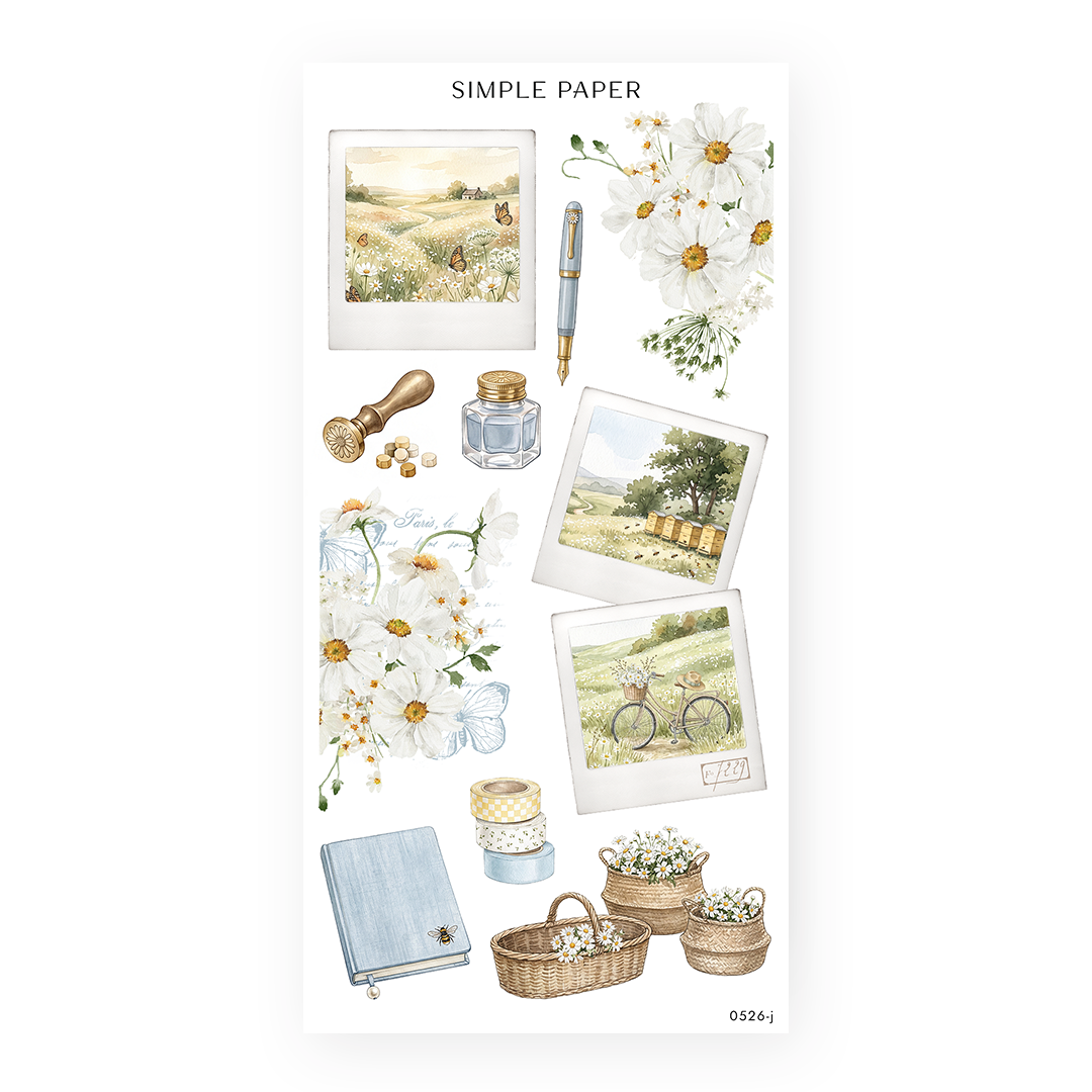 Honey Cottage Sheet J sticker sheet: instant photos of a meadow and a bicycle, with an inkwell and washi