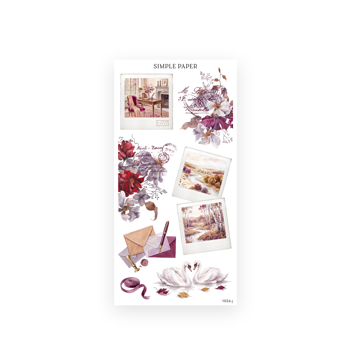 Pretty Season Sheet J sticker sheet: instant-photo frames, wax-sealed envelopes, a fountain pen, ribbon and swans
