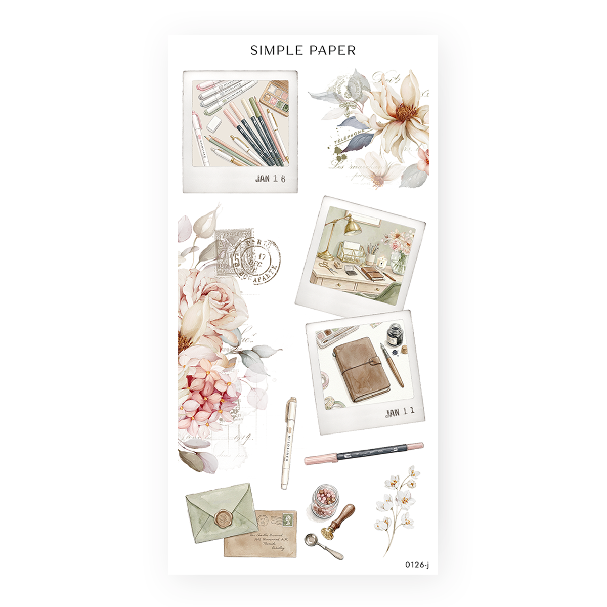 On My Desk Sheet J sticker sheet: instant photo frames, a cancelled postage stamp and sealed envelopes