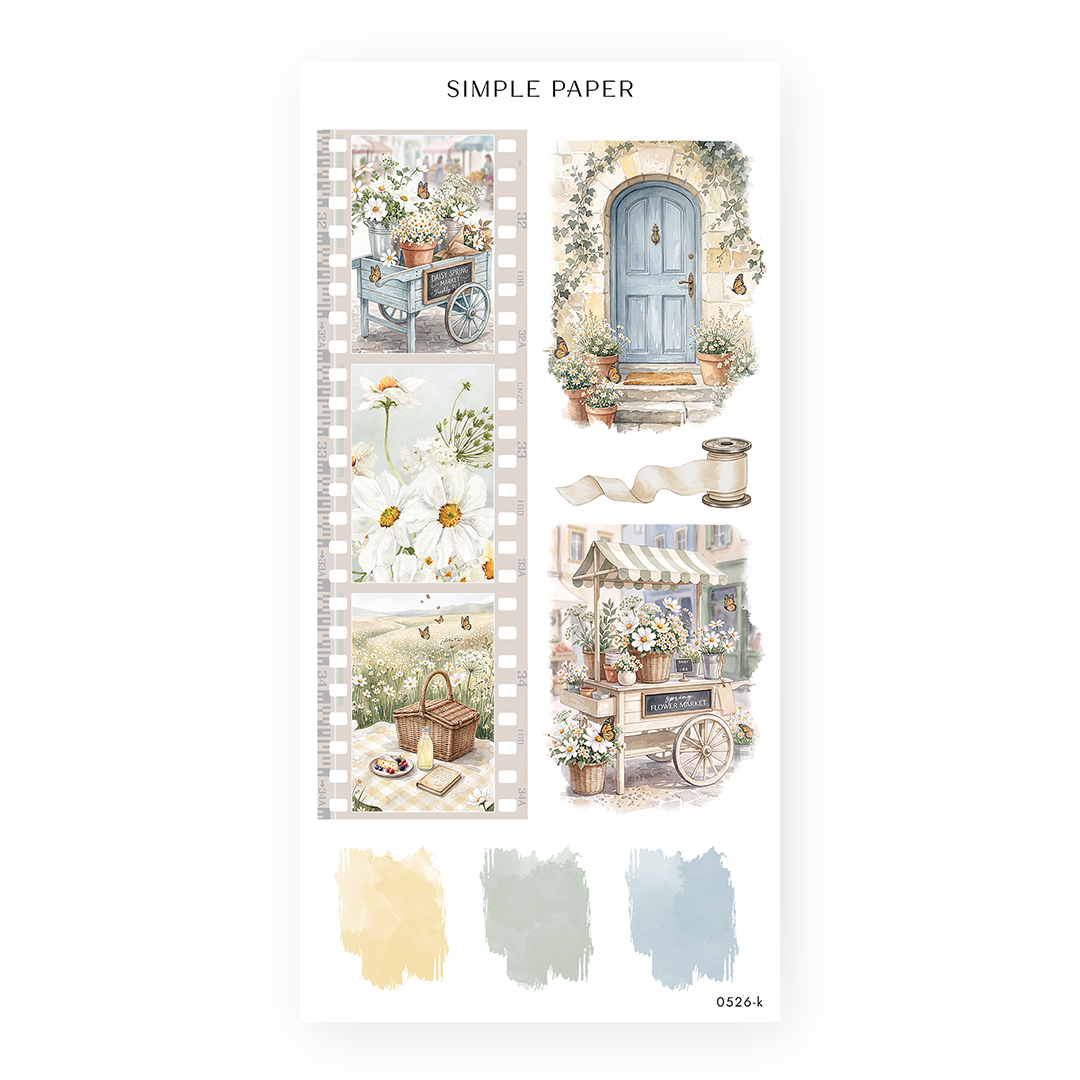 Honey Cottage Sheet K sticker sheet: a flower market cart and stall with daisies and a blue arched door