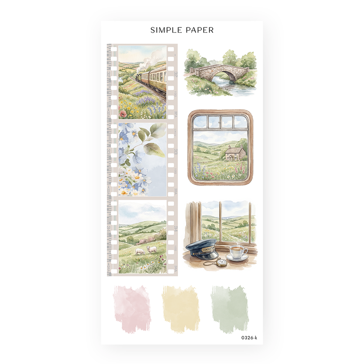 Springbound Sheet K sticker sheet: a film strip of a train in bluebells, blossoms and grazing sheep