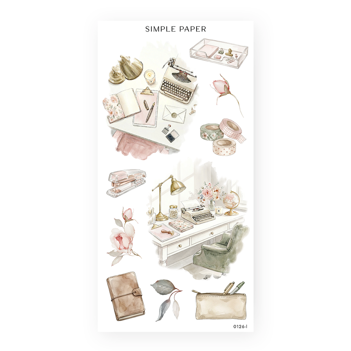 On My Desk Sheet L sticker sheet: brass bookends, washi rolls, a typewriter and a lit desk interior