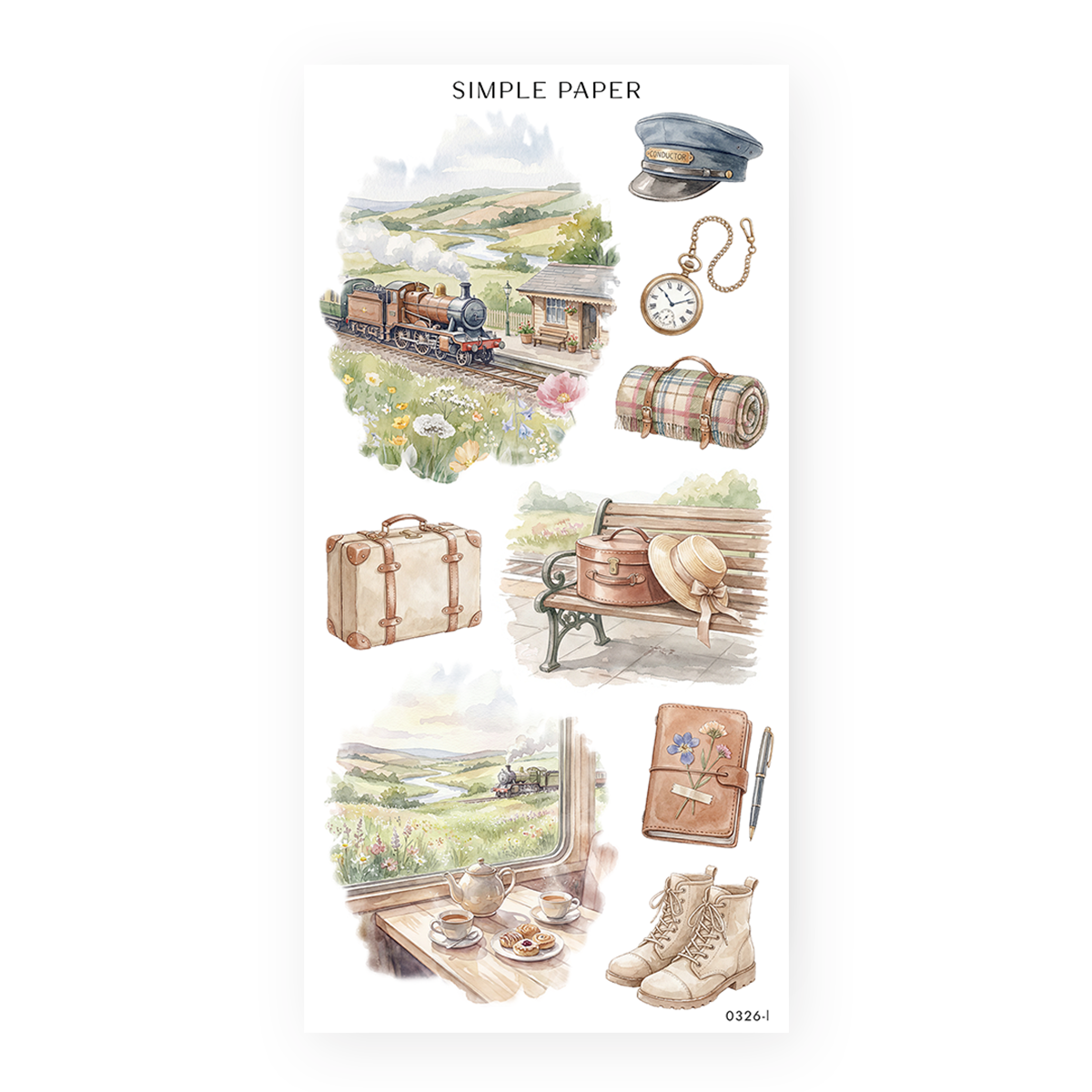 Springbound Sheet L sticker sheet: a train at a country station with a conductor cap and tea service