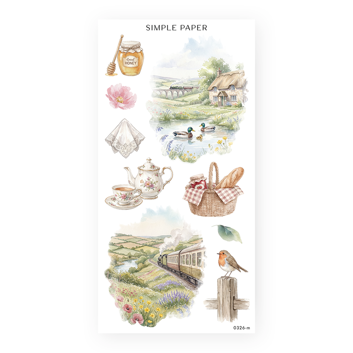 Springbound Sheet M sticker sheet: a thatched cottage by a pond, a honey jar, teapot and a robin