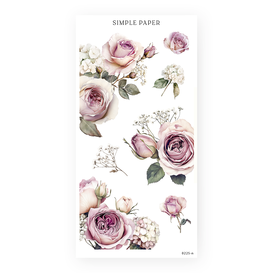 Garden rose sticker sheet with buds, hydrangea clusters and baby's breath sprays, Sheet N