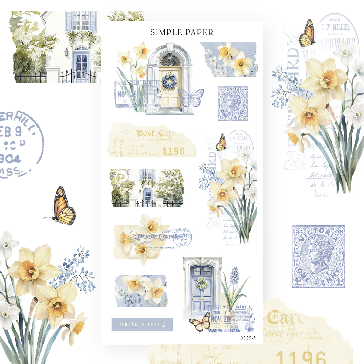 Daffodil stickers with a blue front door, wreath, butterfly and hello spring label, Sheet F
