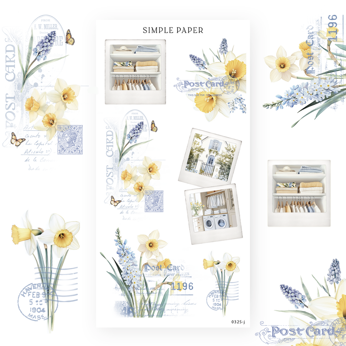 Closet and laundry stickers with snapshot photos, daffodils and grape hyacinth, Sheet J