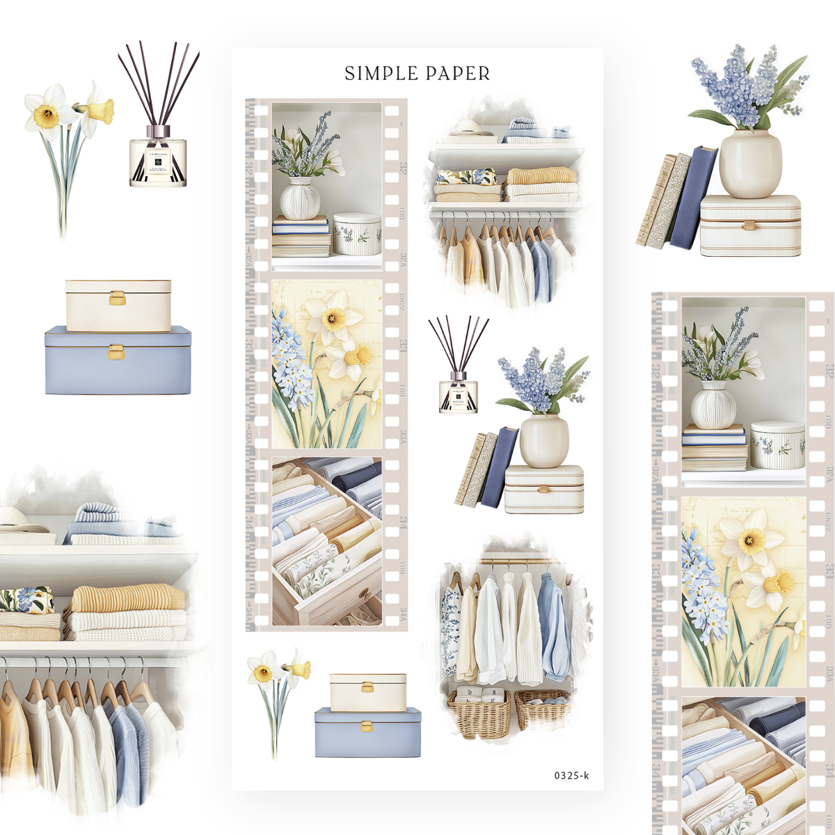 Closet organizing stickers with a reed diffuser, storage boxes and hanging clothes, Sheet K