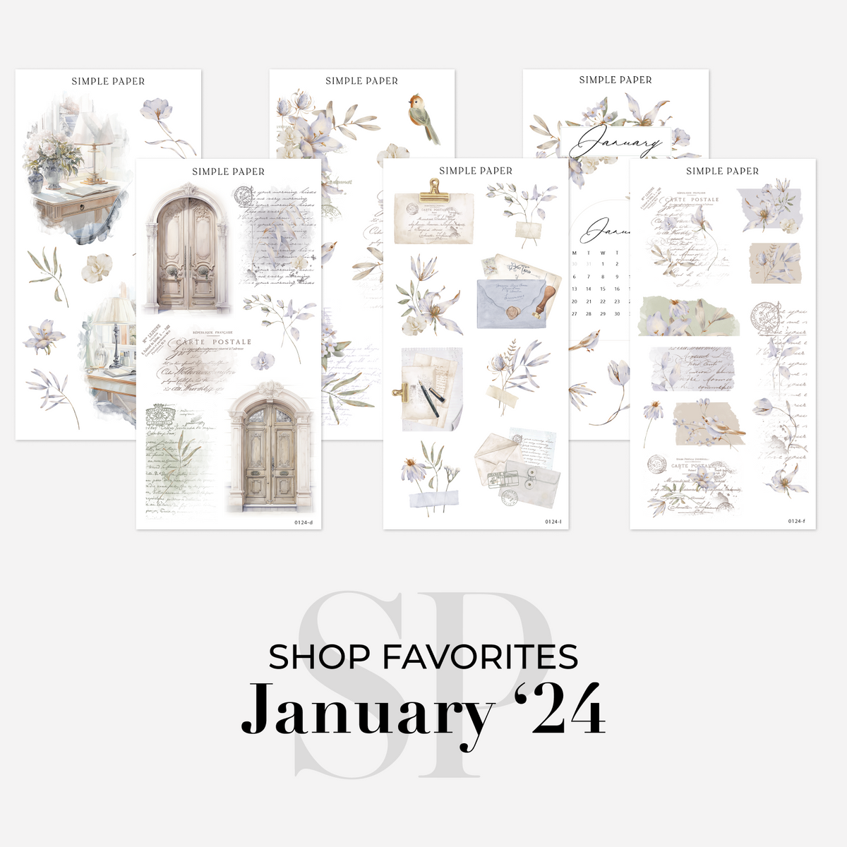 Shop Favorites bundle from the January 2024 kit with arched doors, writing desks, envelopes, a calendar and lilies
