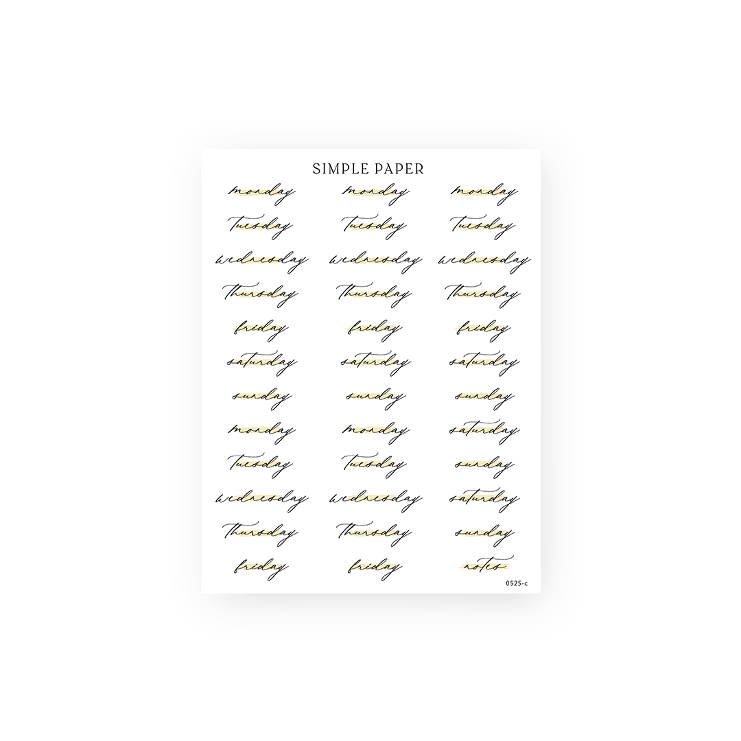 Script sticker sheet with cursive days of the week and a gold highlighted notes label, Sheet C