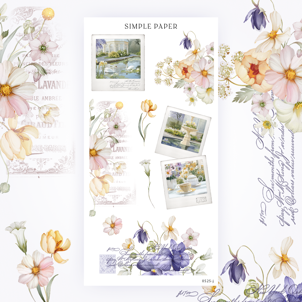 Sticker sheet of garden snapshot photos, swans, a fountain, a tea scene, pastel florals, vintage script and postage accents