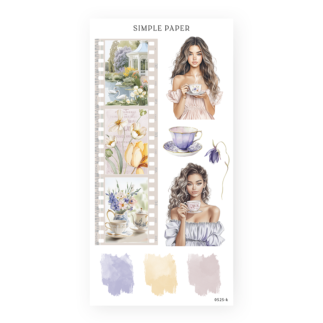 Sticker sheet with a film strip of garden photos, women holding teacups, a teacup and paint swatches, Sheet K