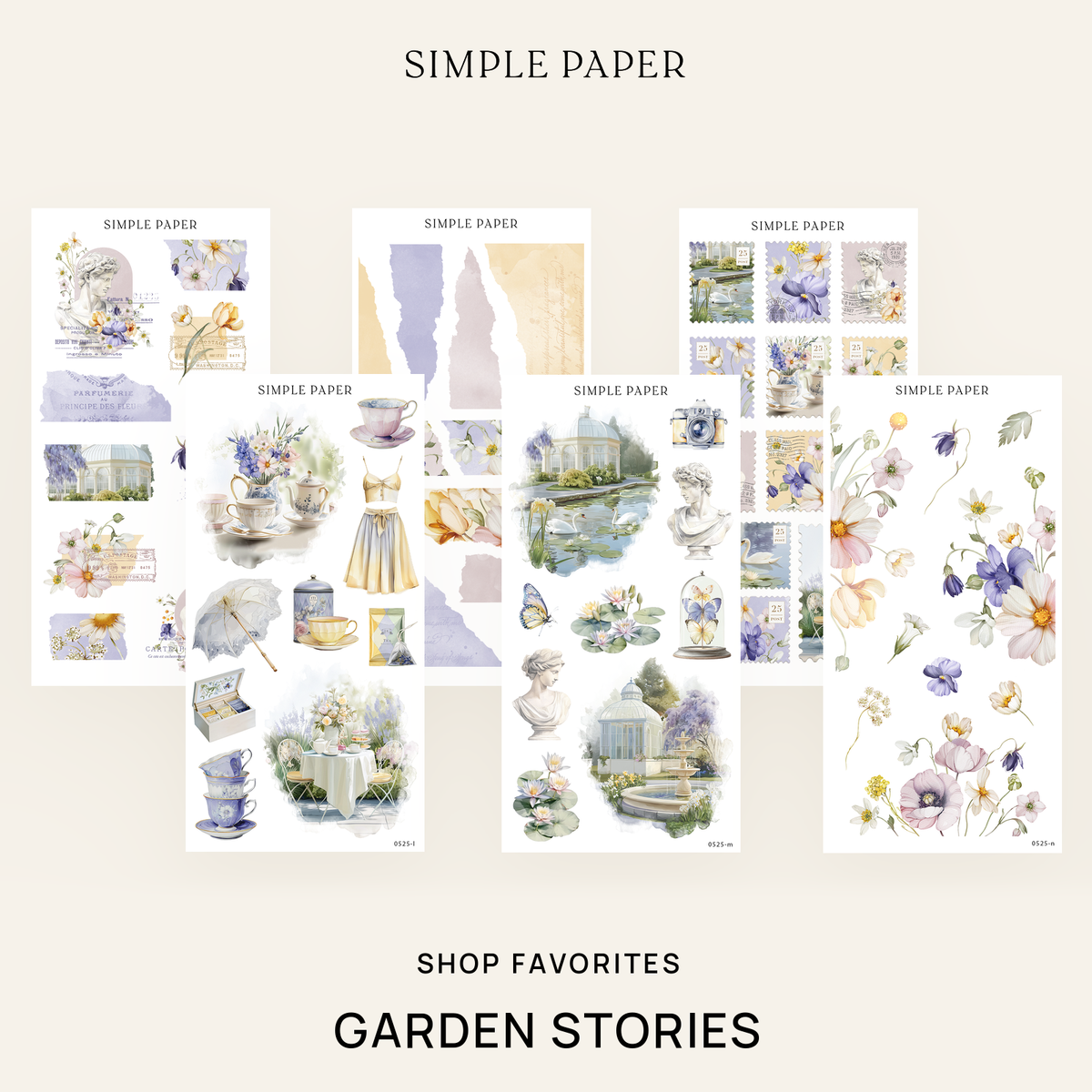 Shop Favorites bundle of Garden Stories sticker sheets with postage stamps, busts, greenhouses and swans