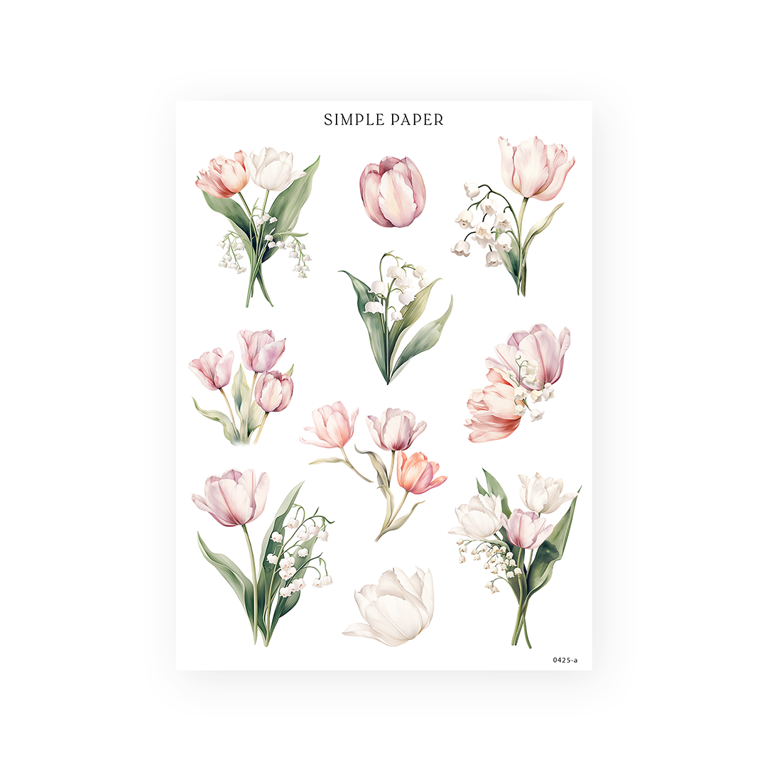 Sticker sheet of blush and ivory tulip bouquets with lily of the valley sprigs, Tulip Memoirs Sheet A