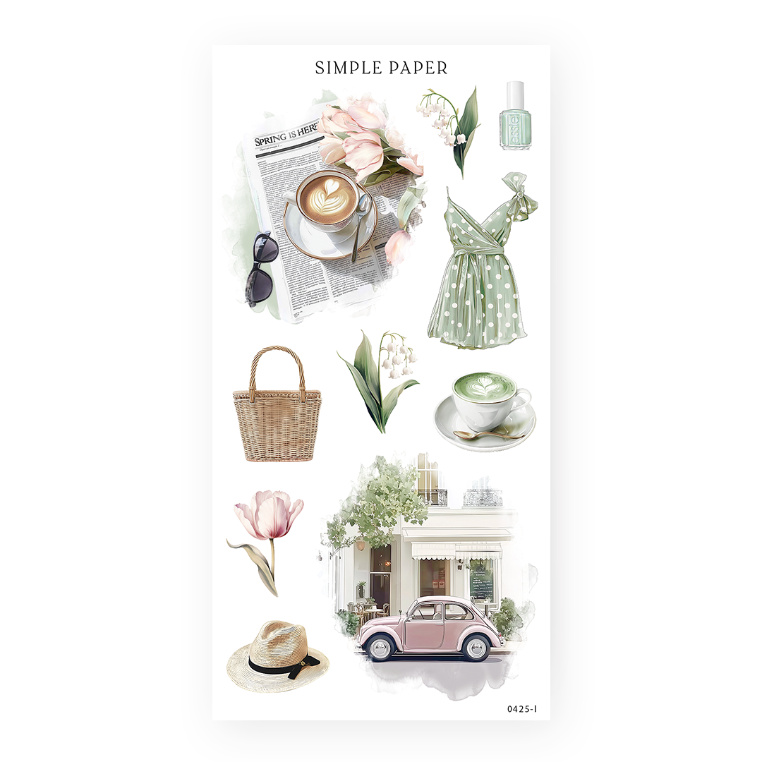 Decorative sticker sheet featuring tulips, matcha latte, spring dress, wicker tote, and a pink car in front of a café – Tulip Memoirs Sheet L by Simple Paper.