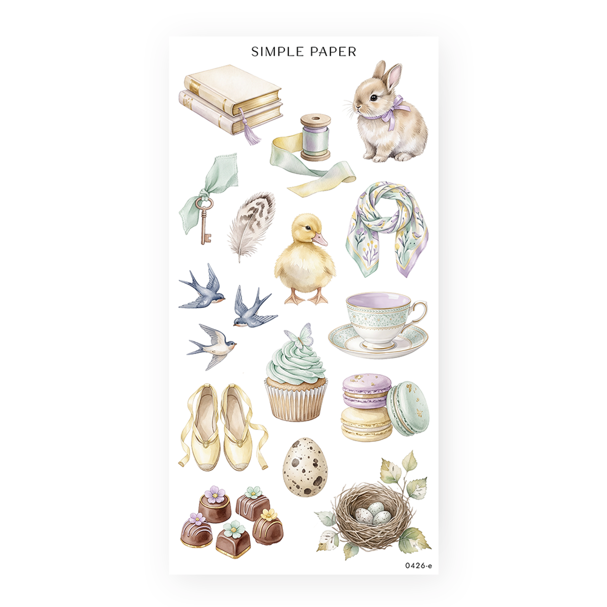 Pastel spring motifs: a bunny, yellow duckling, blue swallows, teacup, mint cupcake, ballet slippers, macarons and a nest