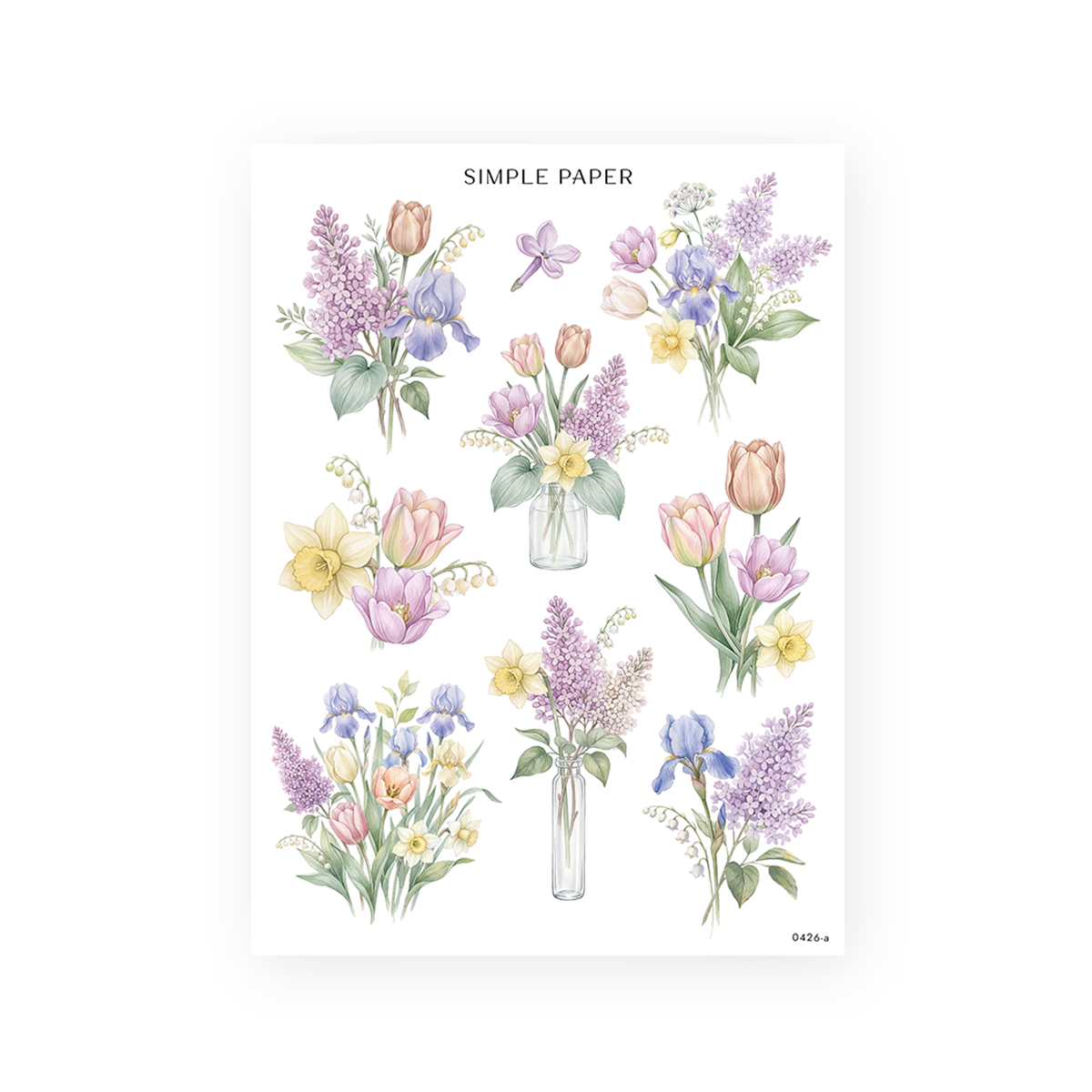 Watercolor spring bouquets in glass jars with pink tulips, purple lilacs, blue irises, daffodils and lily of the valley