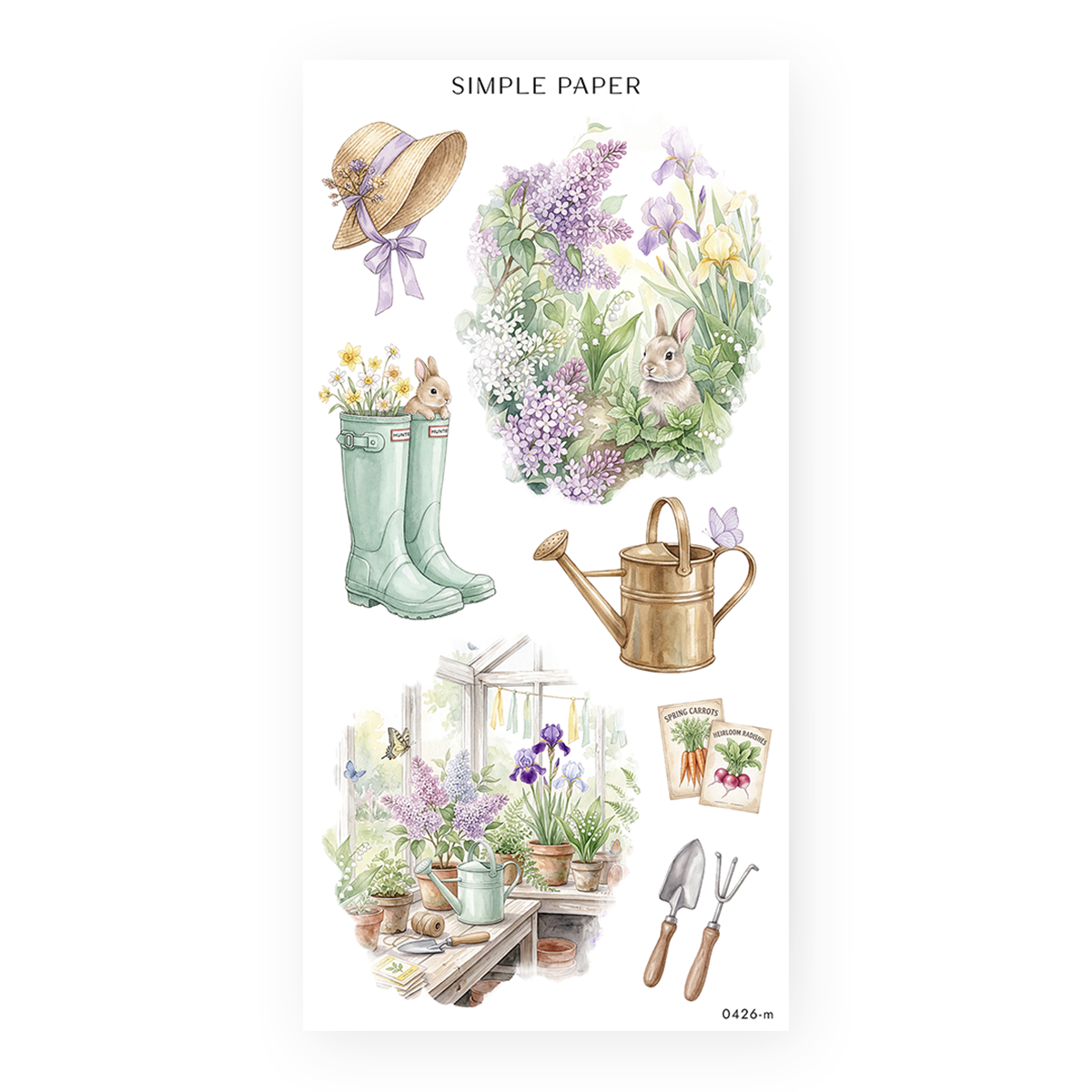 Watercolor garden stickers with lilacs, irises, mint rain boots, a brass watering can, potting shed, bunny and seed packets