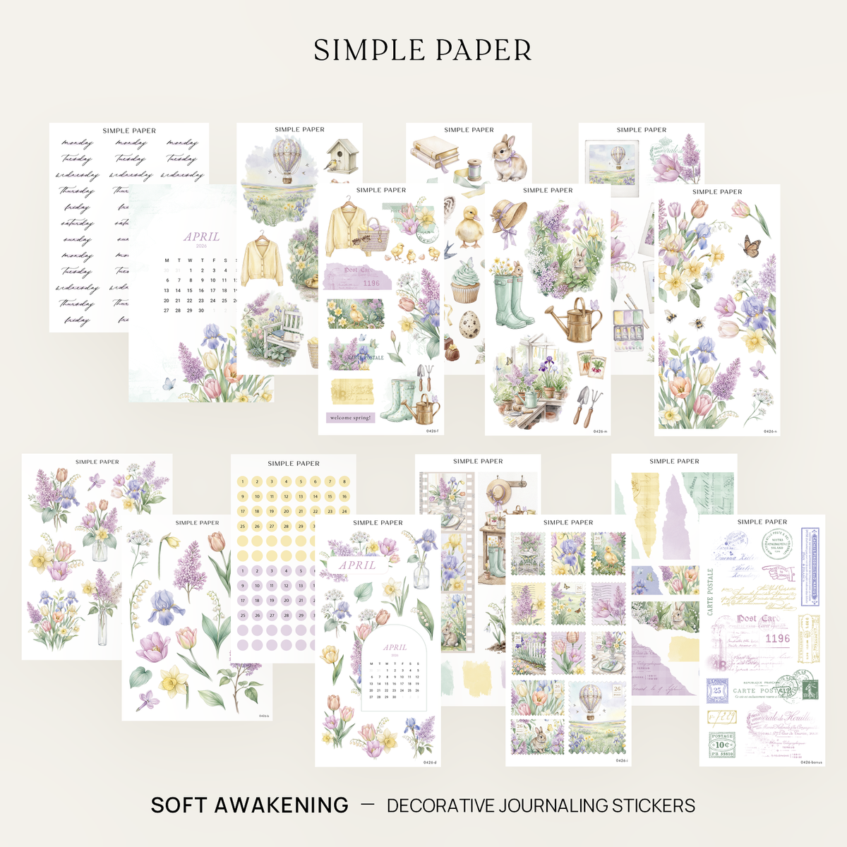 Spring watercolor sticker kit with lilacs, tulips, irises, bunny, duckling, garden boots, watering can, and vintage postcards