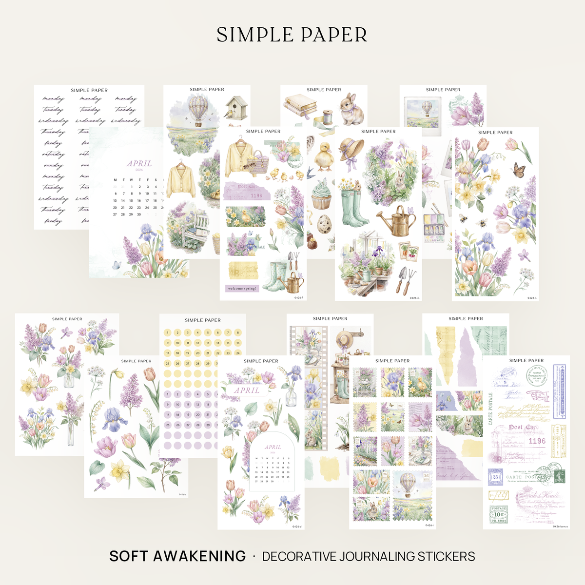 Spring watercolor sticker kit with lilacs, tulips, irises, bunny, duckling, garden boots, watering can, and vintage postcards