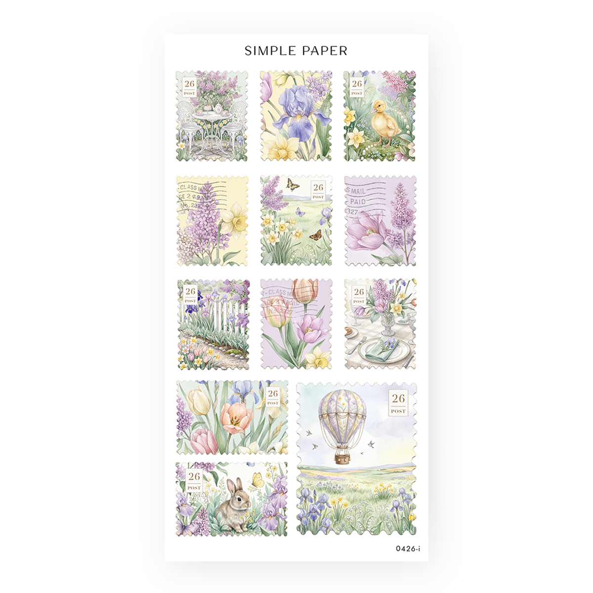 Watercolor postage stamp stickers with irises, tulips, daffodils, a duckling, bunny and a hot air balloon