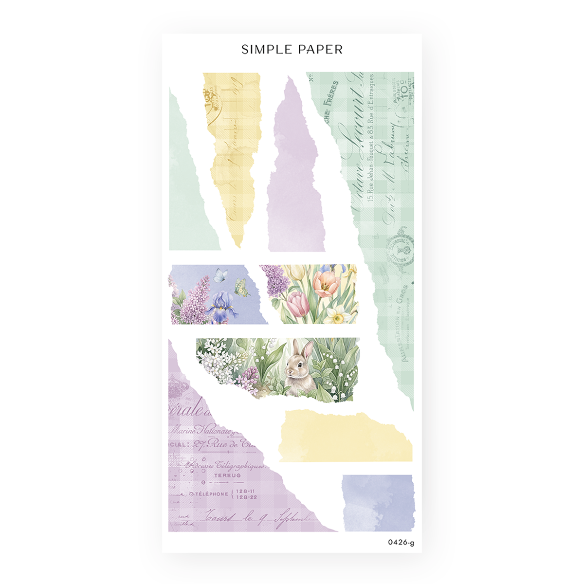 Pastel torn paper strips in sage, lavender and yellow with watercolor tulips, irises, lilacs, a bunny and postal script