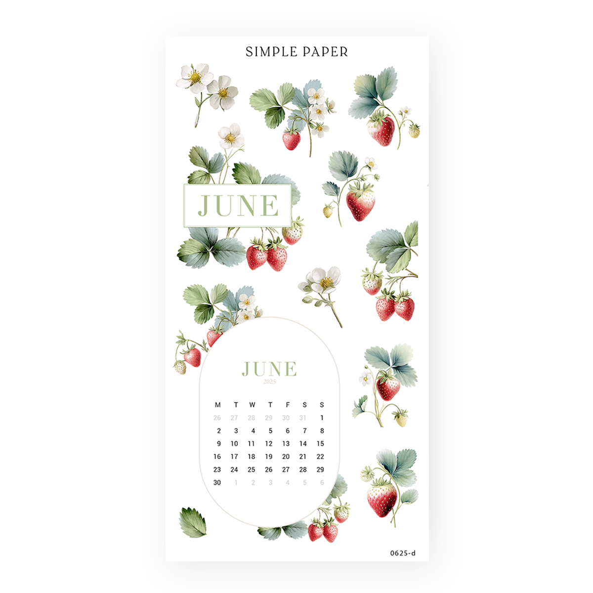 Strawberry-themed calendar stickers for June, soft green and berry red florals, designed for monthly planning in journals and planners