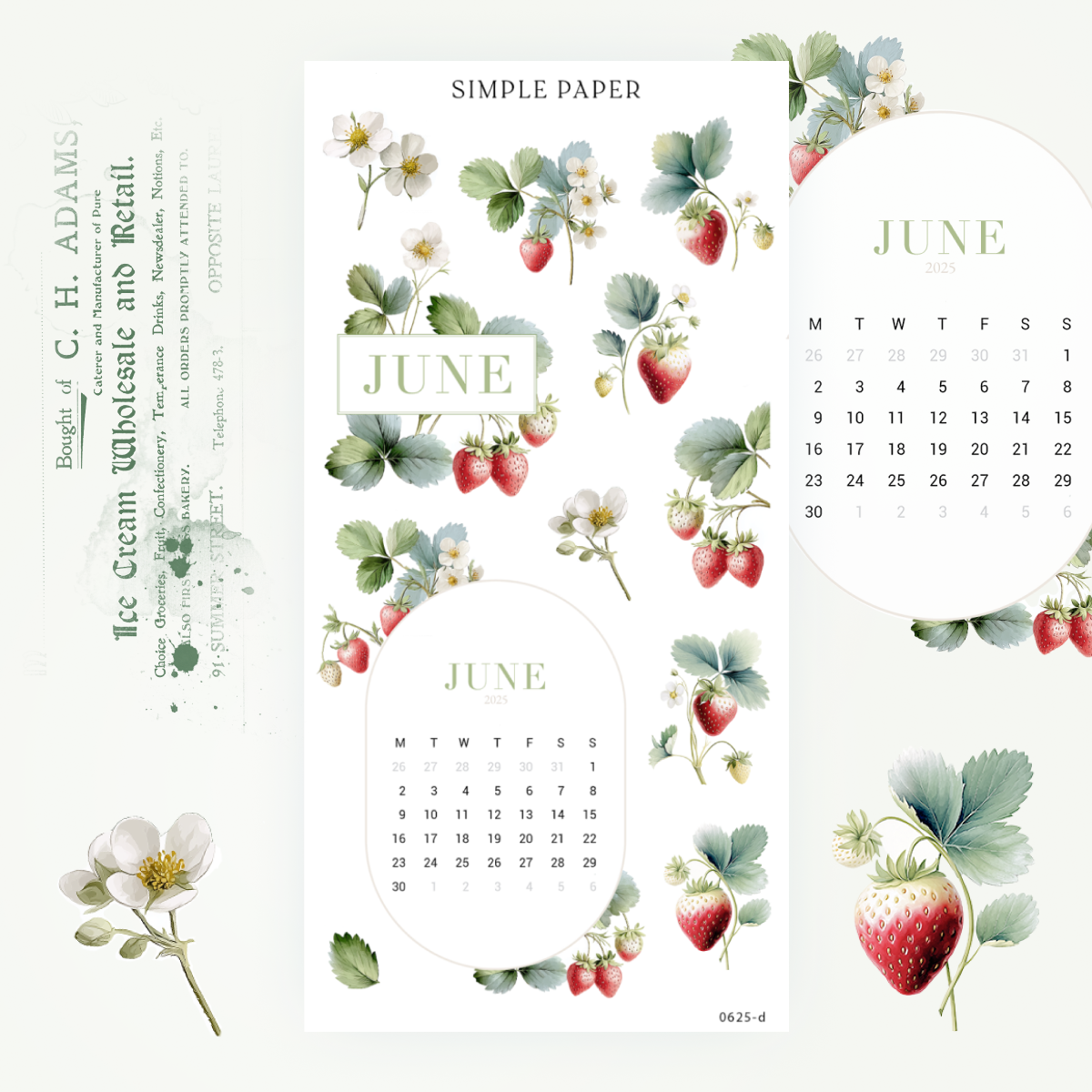 June calendar stickers with circular monthly grids and strawberry blossoms, Sheet D