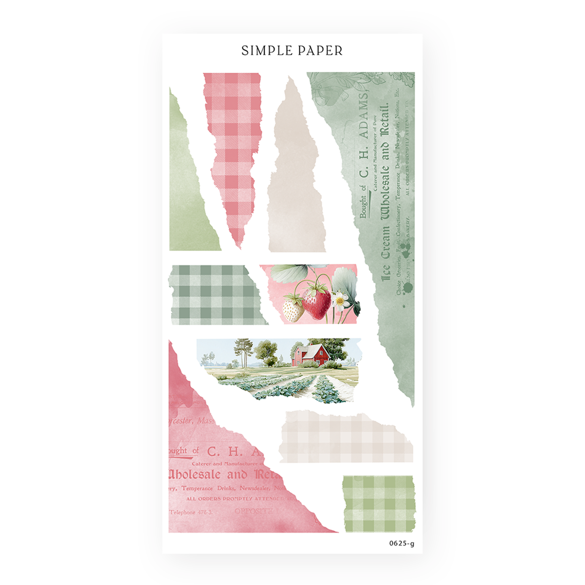 Torn paper stickers with vintage green receipts, gingham textures, strawberry accents, and pastel collage pieces—ideal for layering in journals.