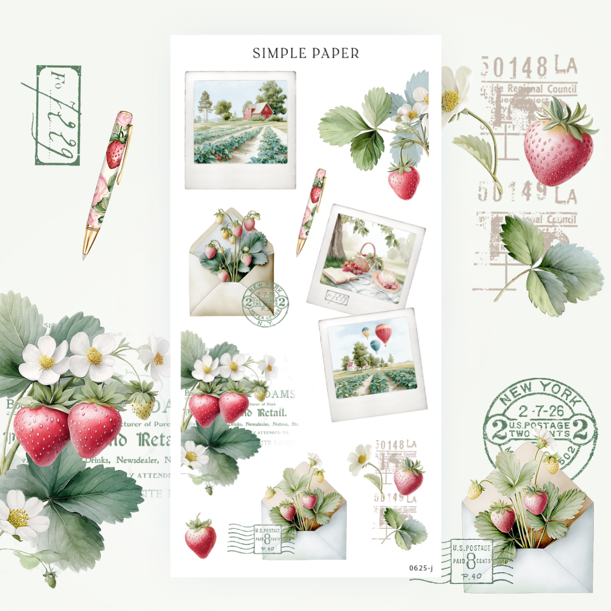 Vintage envelope ephemera, strawberry fields, retro postage stamps, and Polaroid-style snapshots—ideal for memory-keeping and creative layouts