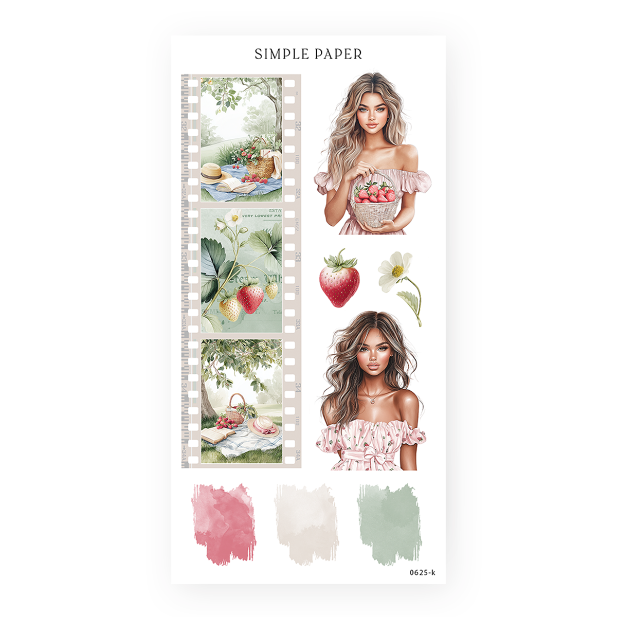 Filmstrip photo stickers and portrait figures holding strawberries, plus paint swatches, Sheet K