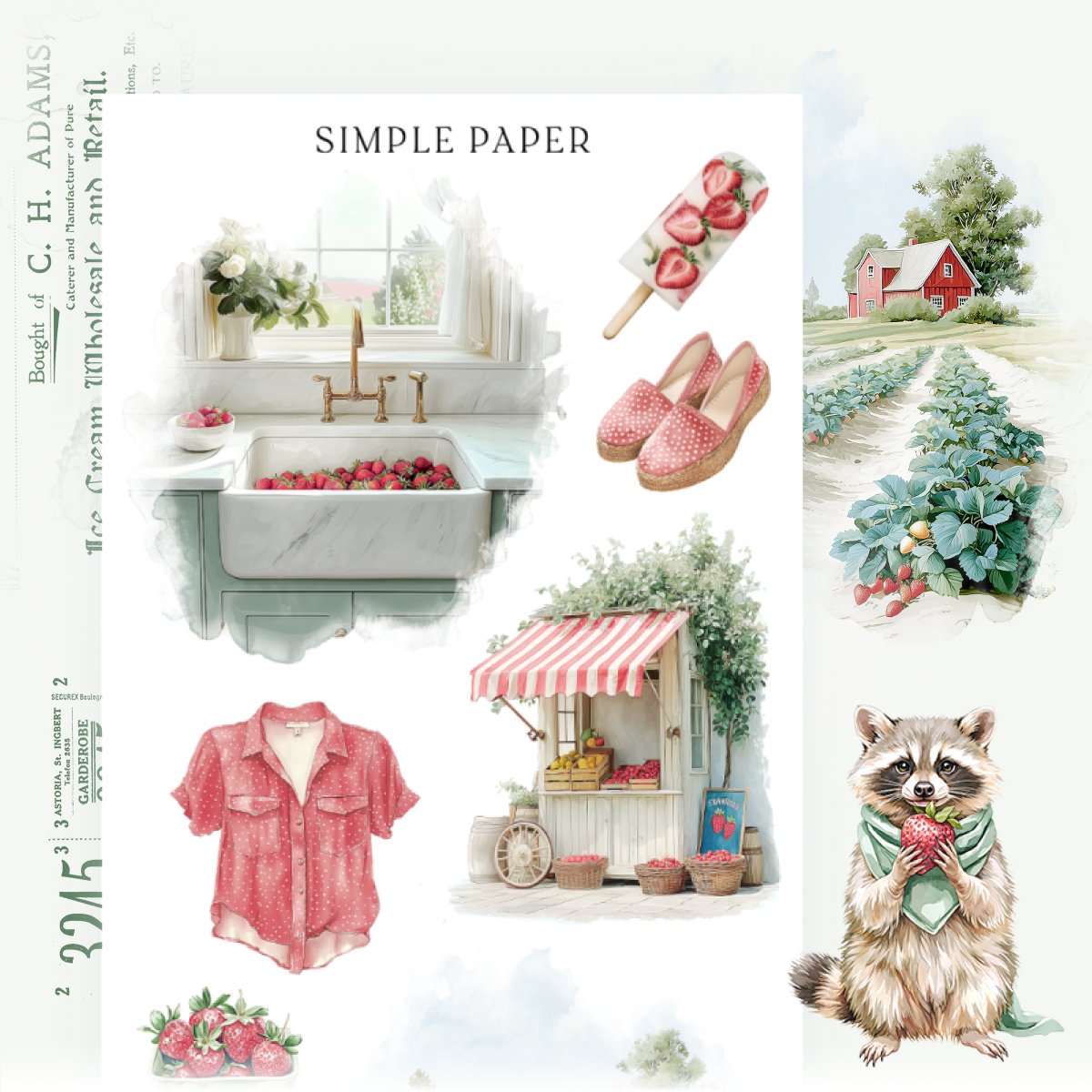 Cottagecore stickers with a strawberry farm sink, popsicle, farm stand, and a raccoon, Sheet L