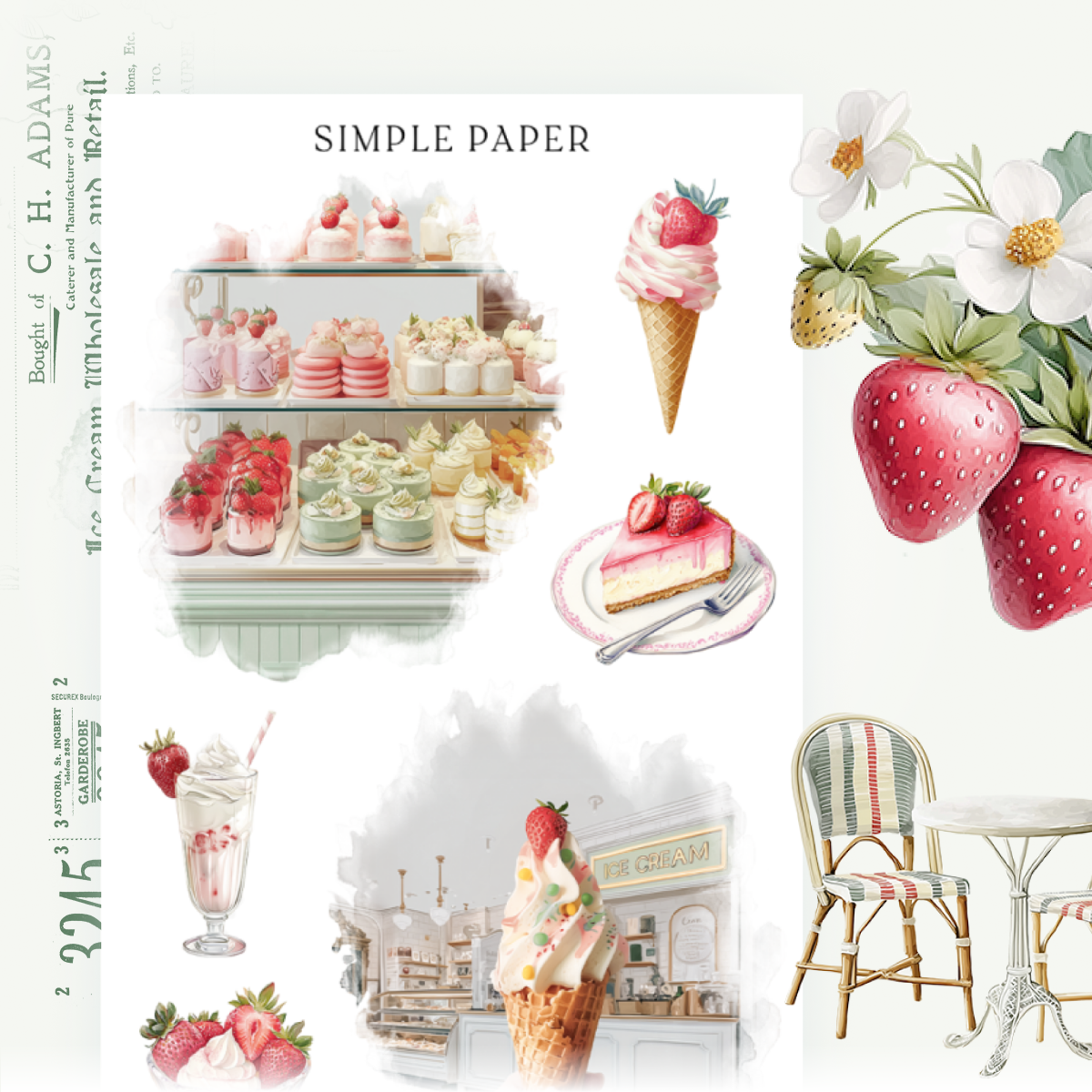 Detailed sticker sheet featuring strawberry parfaits, pink swirls, retro ice cream counters, and whipped toppings—fun accents for journaling or scrapbooks