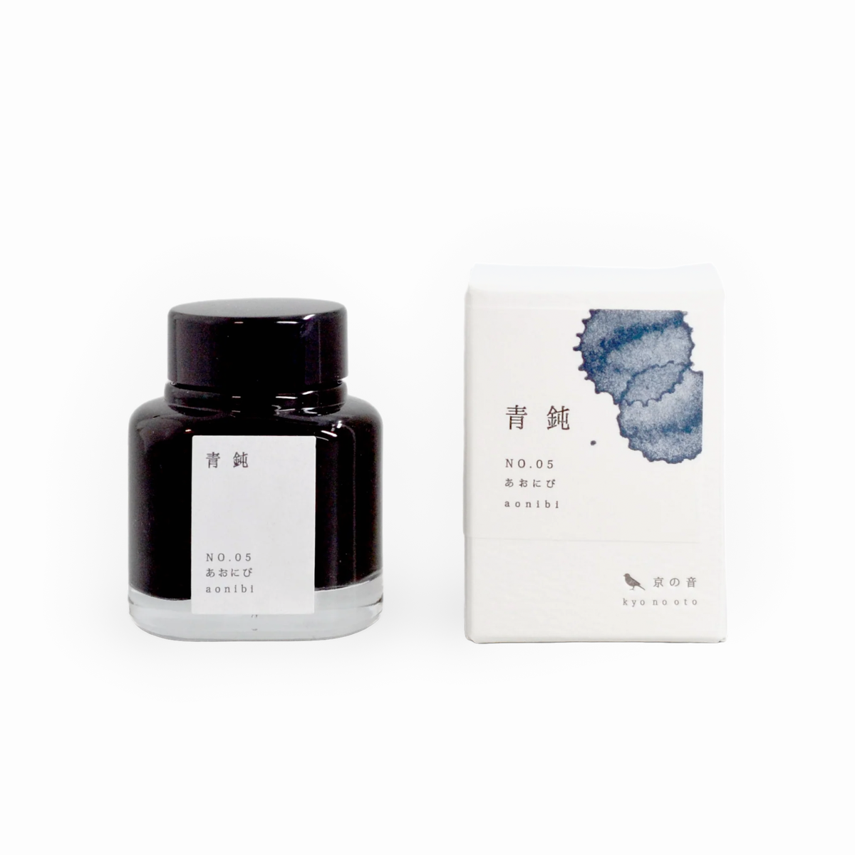Tag Stationery Kyo No Oto Ink No. 5 Blue Color Aonibi, bottle with its box on a white background