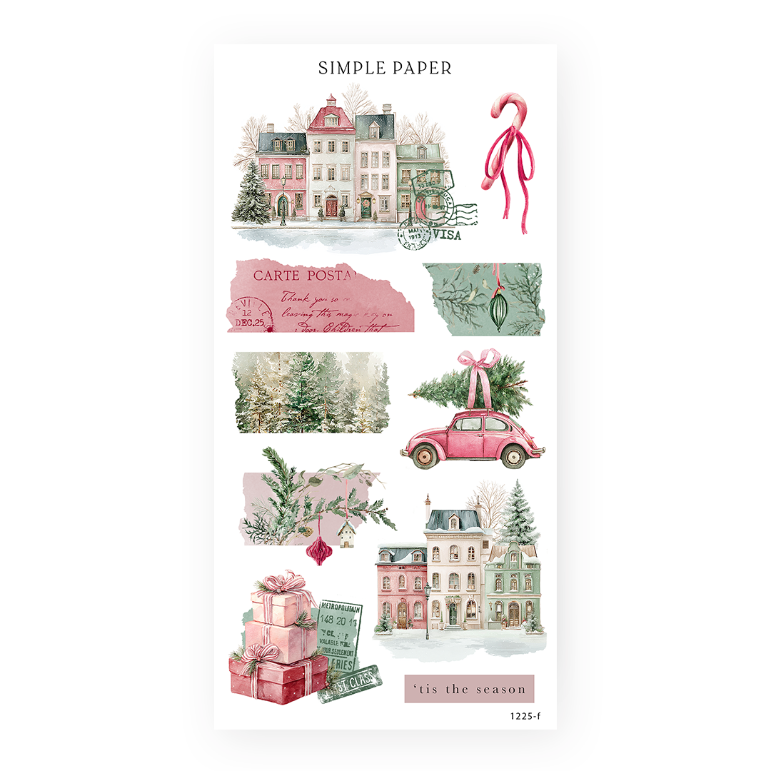Winter town stickers with pastel townhouses, a postcard, a vintage car with a tree, and wrapped gifts, Sheet F