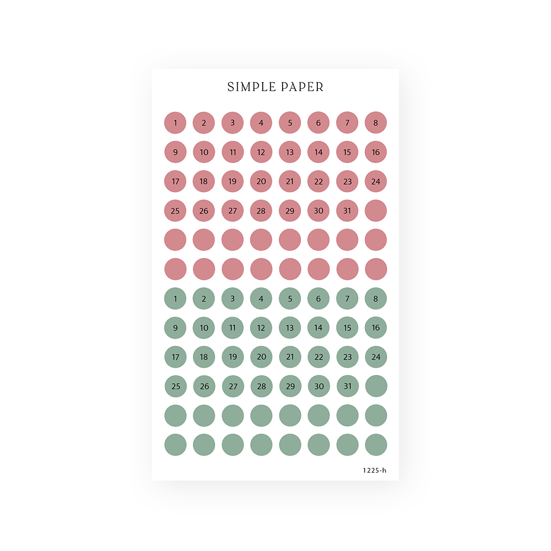 Dusty rose and sage date dot stickers numbered 1 to 31 for planners, Sheet H