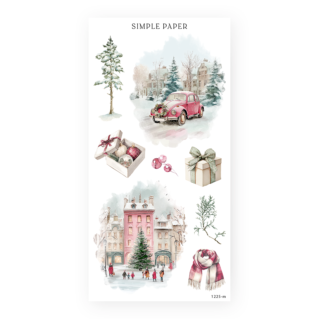 Winter stickers with a red vintage car, boxed ornaments, a town square tree and a plaid scarf, Sheet M
