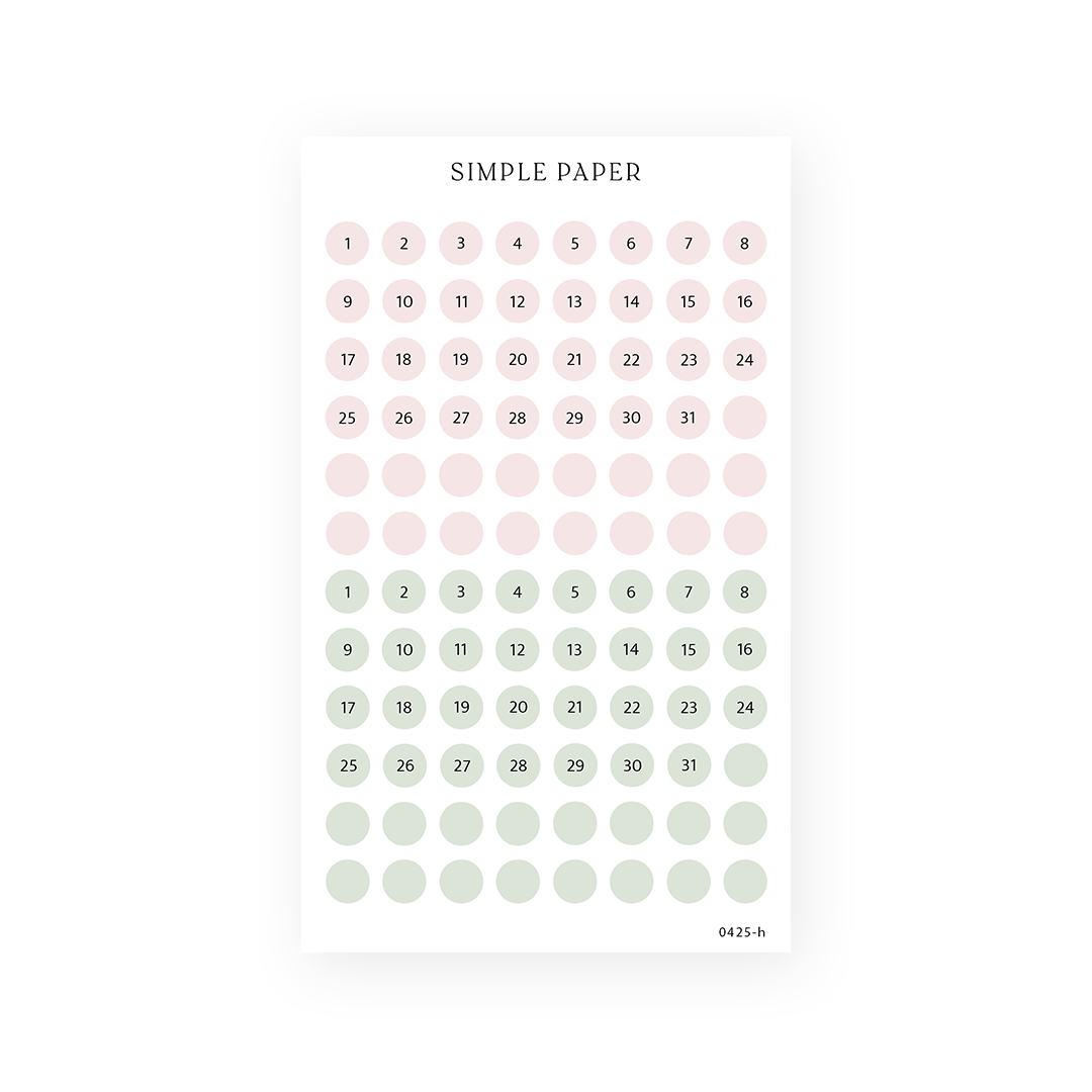 Blush pink and sage green date dot stickers numbered 1 to 31 with blank dots, Tulip Memoirs Sheet H