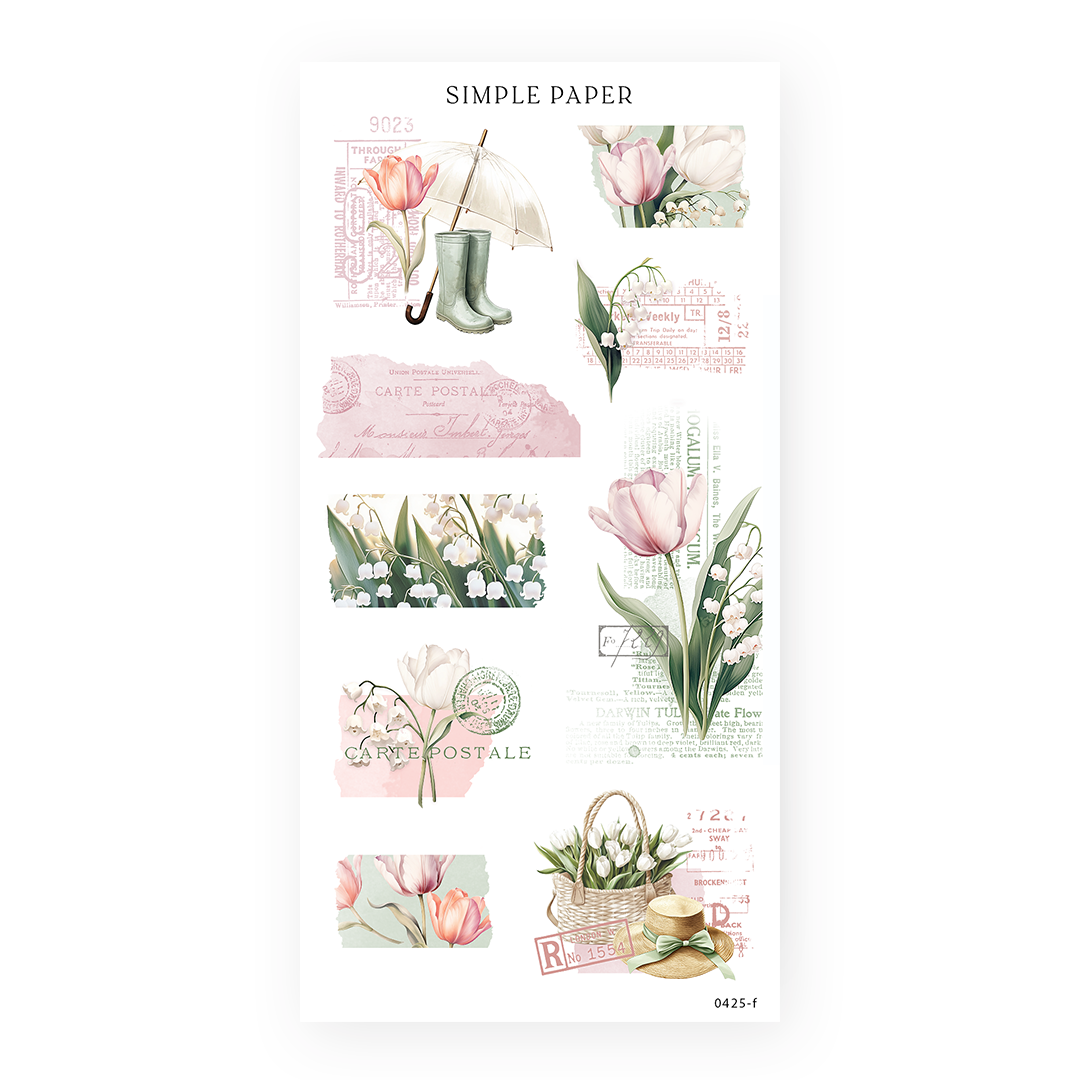Tulip Memoirs Sheet F – vintage-inspired spring stickers with florals, tulips, and postage stamps.